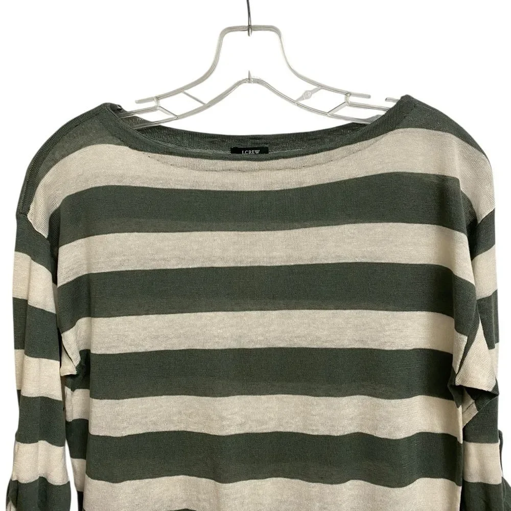 NWOT J. Crew Women's Silk Linen Striped Top Size S Boat Neck Green Ivory Coastal